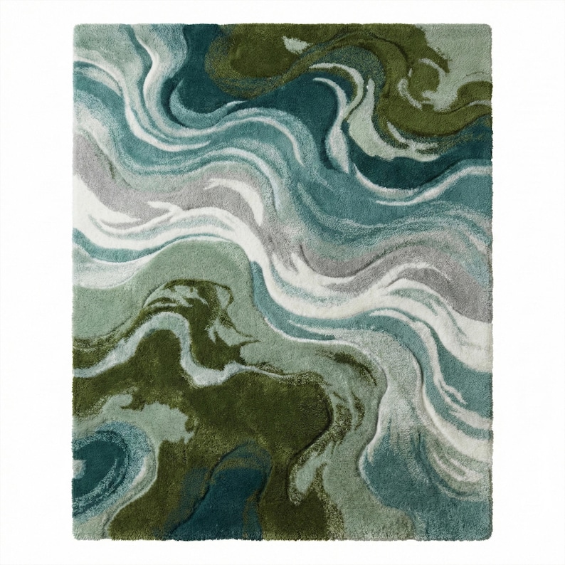 Blue Green Wavy Wool Rug, Hand Tufted Abstract Textured Custom Area Rug ...