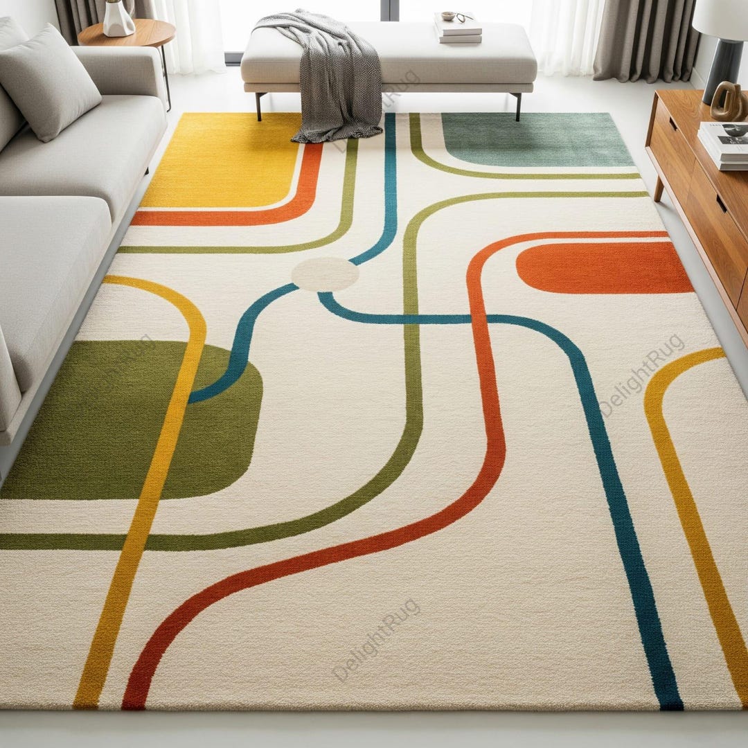 Colorful Abstract Wool Rug, Hand Tufted Modern Retro Design Mid Century ...