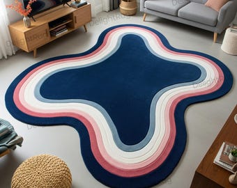 Navy Blue White Abstract Wool Rug, Hand Tufted Wavy Layered Irregular Modern Area Rugs