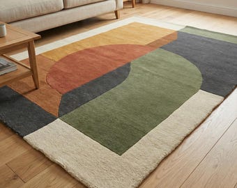 Kleurrijk handgetuft wollen vloerkleed, geometrisch groen roest, mosterdgrijs modern tapijt