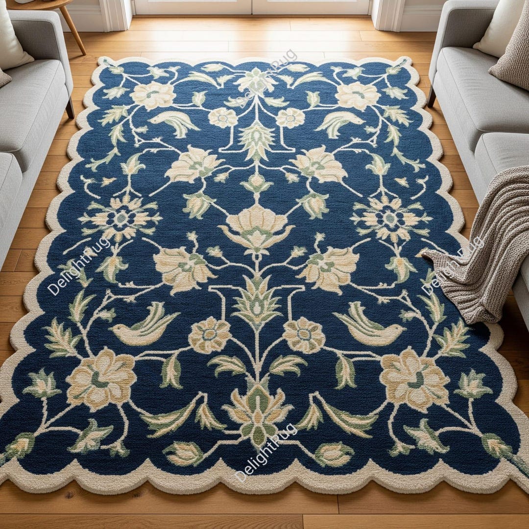 Navy Blue Floral Hand Tufted Wool Rug, Scalloped Modern Area Living ...