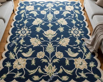 Navy Blue Floral Hand Tufted Wool Rug, Scalloped Modern Area Living Room Carpet