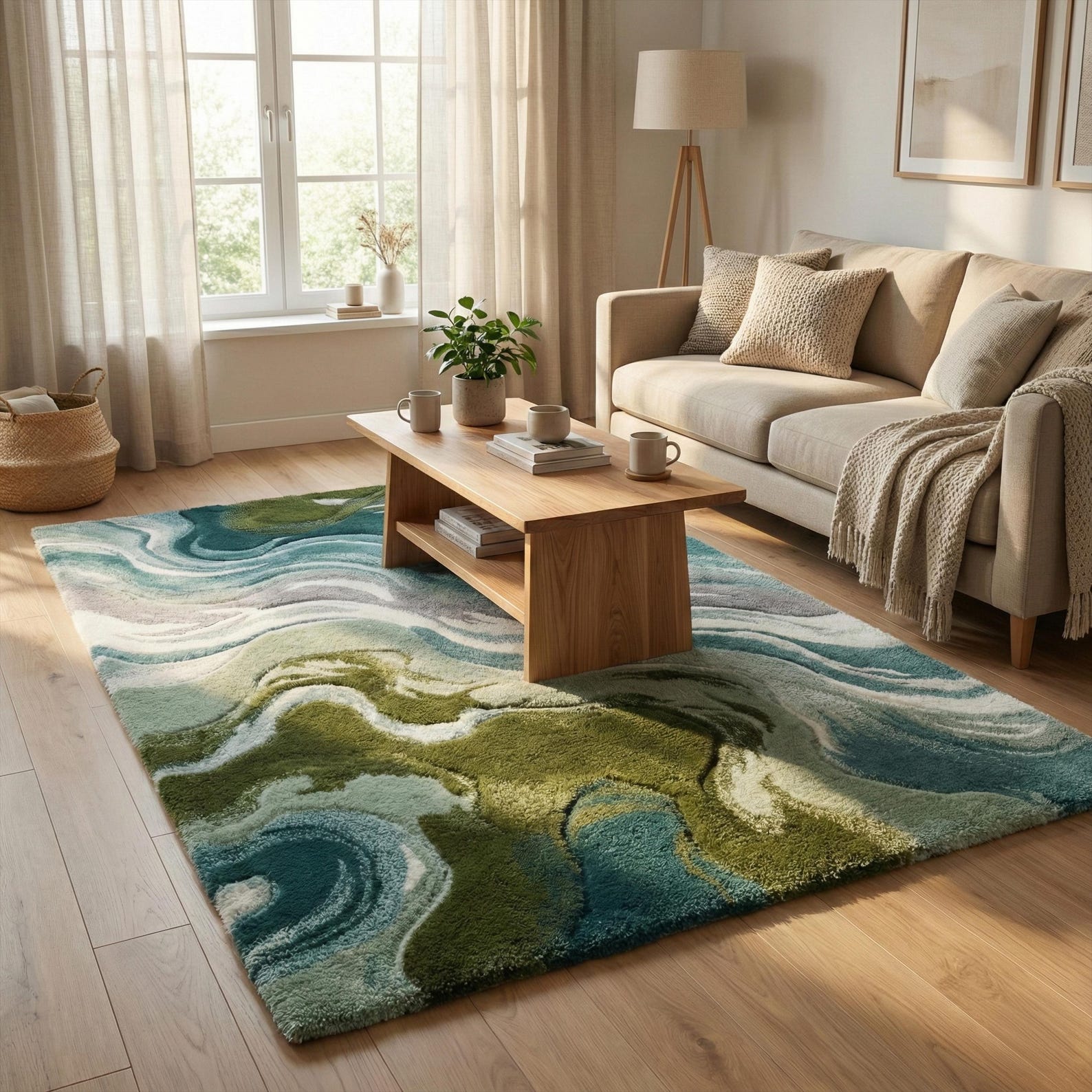 Blue Green Wavy Wool Rug, Hand Tufted Abstract Textured Custom Area Rug ...