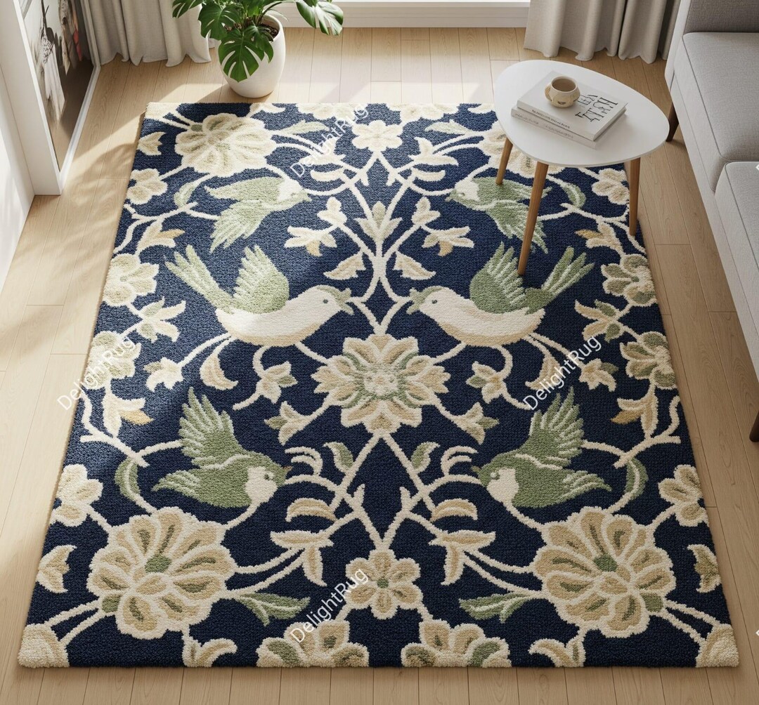 Dark Blue Floral Hand Tufted Wool Rug, Traditional Botanical Area ...