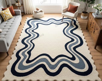 Moderner Abstrakter Bereich Teppich, Creme Navy Gewellter Teppich, Minimalistische Wohnzimmer Teppiche