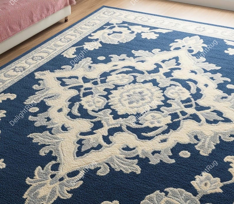 Navy Blue Ivory Floral Hand Tufted Rug, Traditional Wool Area Rugs for ...