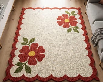 Floral Area Rug with Scalloped Edge, Cozy Cream Tufted Carpet, Cottagecore Living Room Decor, Soft Bedroom Rug Gift