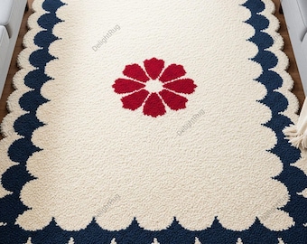 Scalloped Edge Wool Rug,  Hand Tufted Floral Center Cream Navy Blue Area Rugs