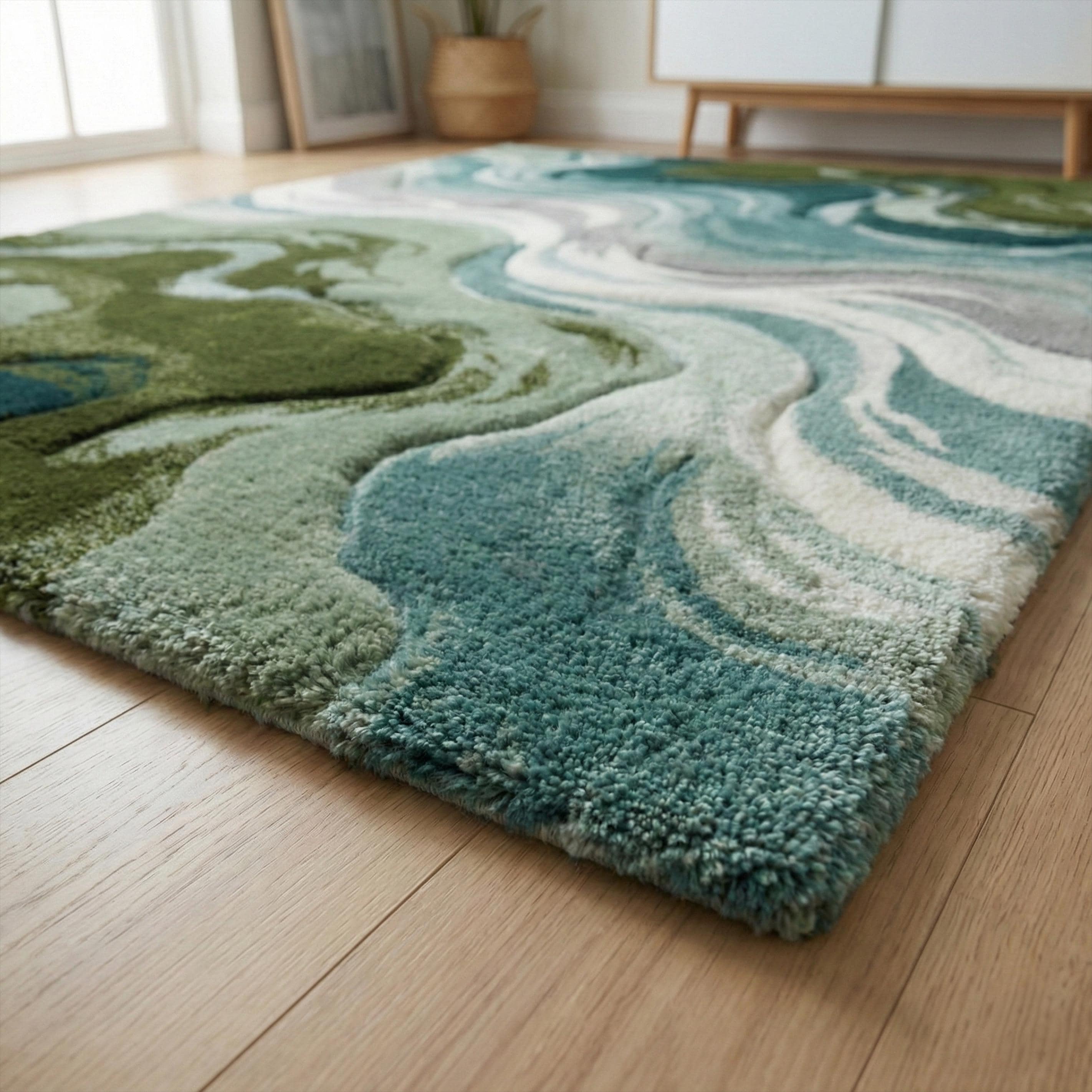 Blue Green Wavy Wool Rug, Hand Tufted Abstract Textured Custom Area Rug ...