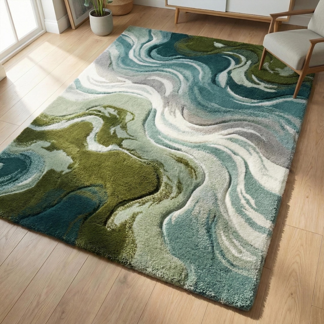 Patterned Green Rug Abstract Design Blue Green Wavy Wool Rug, Hand Tufted Abstract Textured Custom Area Rug ...