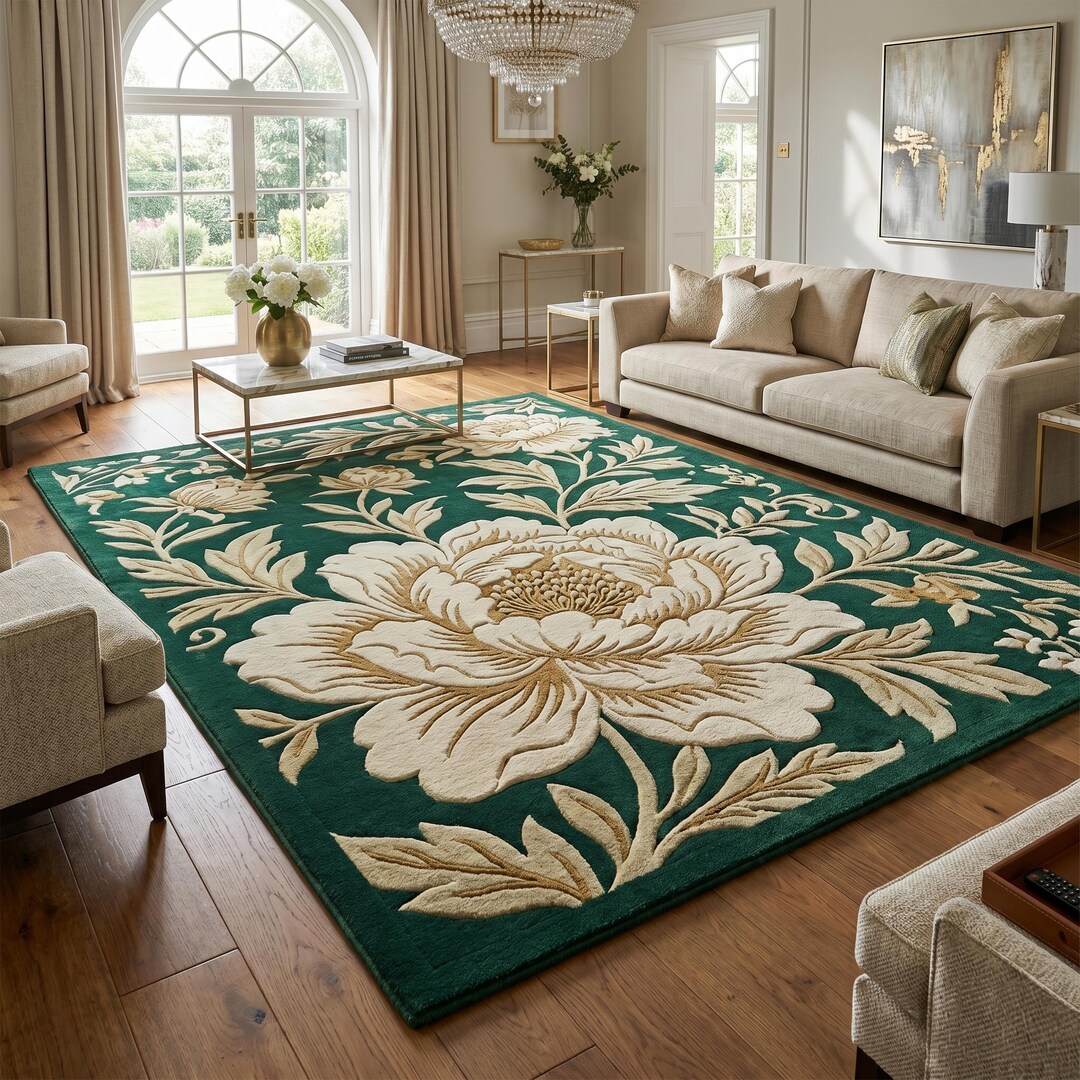 Emerald Green Floral Wool Rug, Hand Tufted Botanical Area Rugs - Etsy