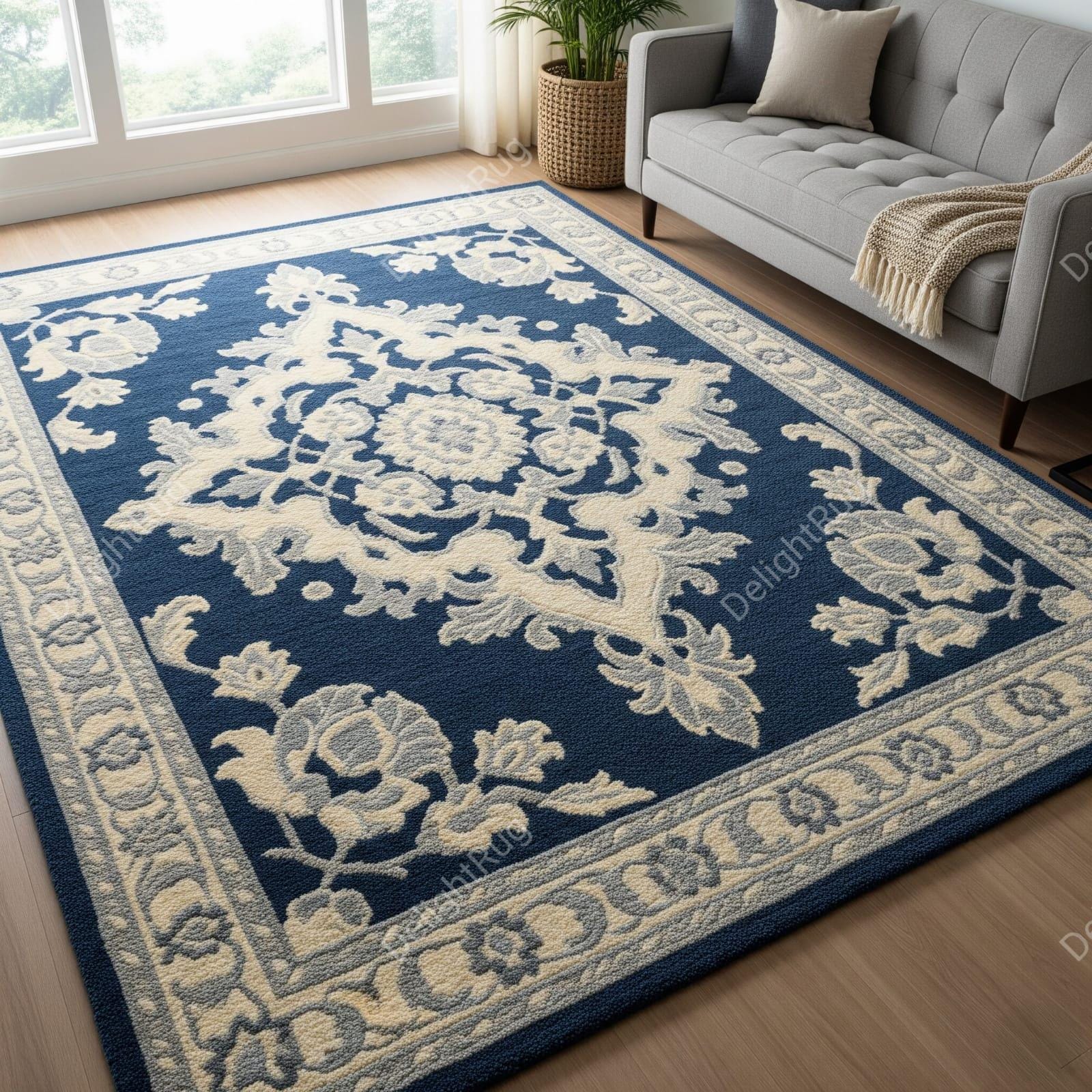 Navy Blue Ivory Floral Hand Tufted Rug, Traditional Wool Area Rugs for ...