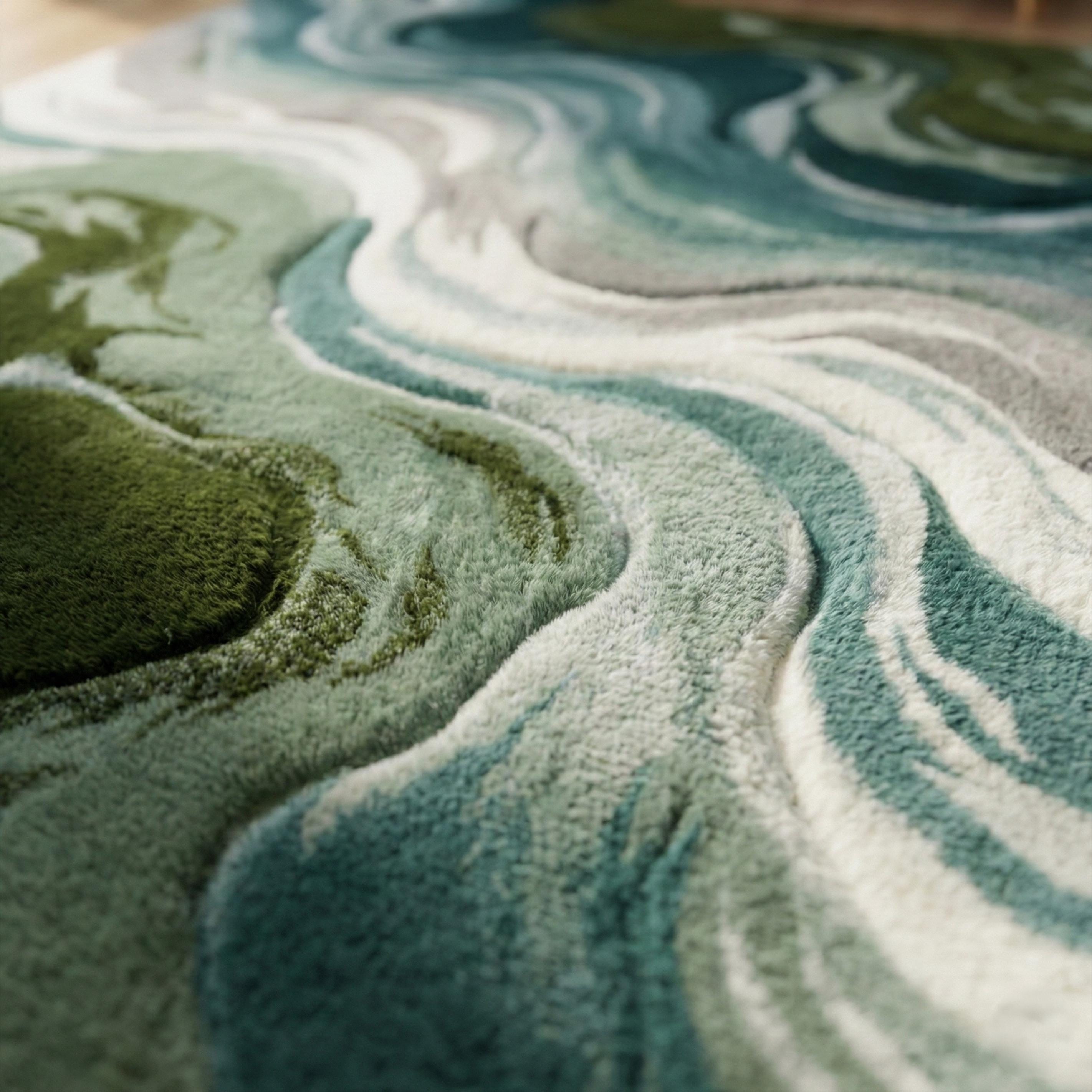 Blue Green Wavy Wool Rug, Hand Tufted Abstract Textured Custom Area Rug ...