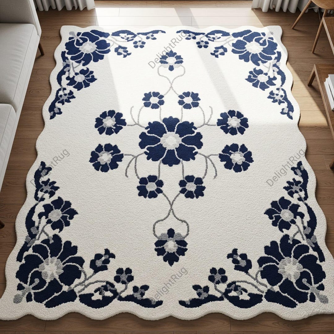Off White Blue Floral Hand Tufted Wool Rug, Modern Scalloped Edge ...