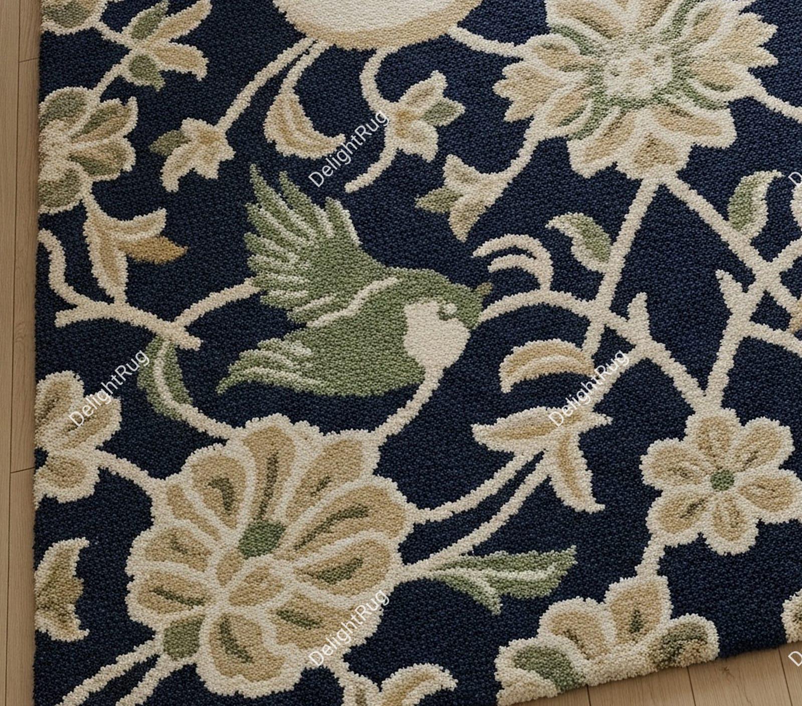 Dark Blue Floral Hand Tufted Wool Rug, Traditional Botanical Area ...