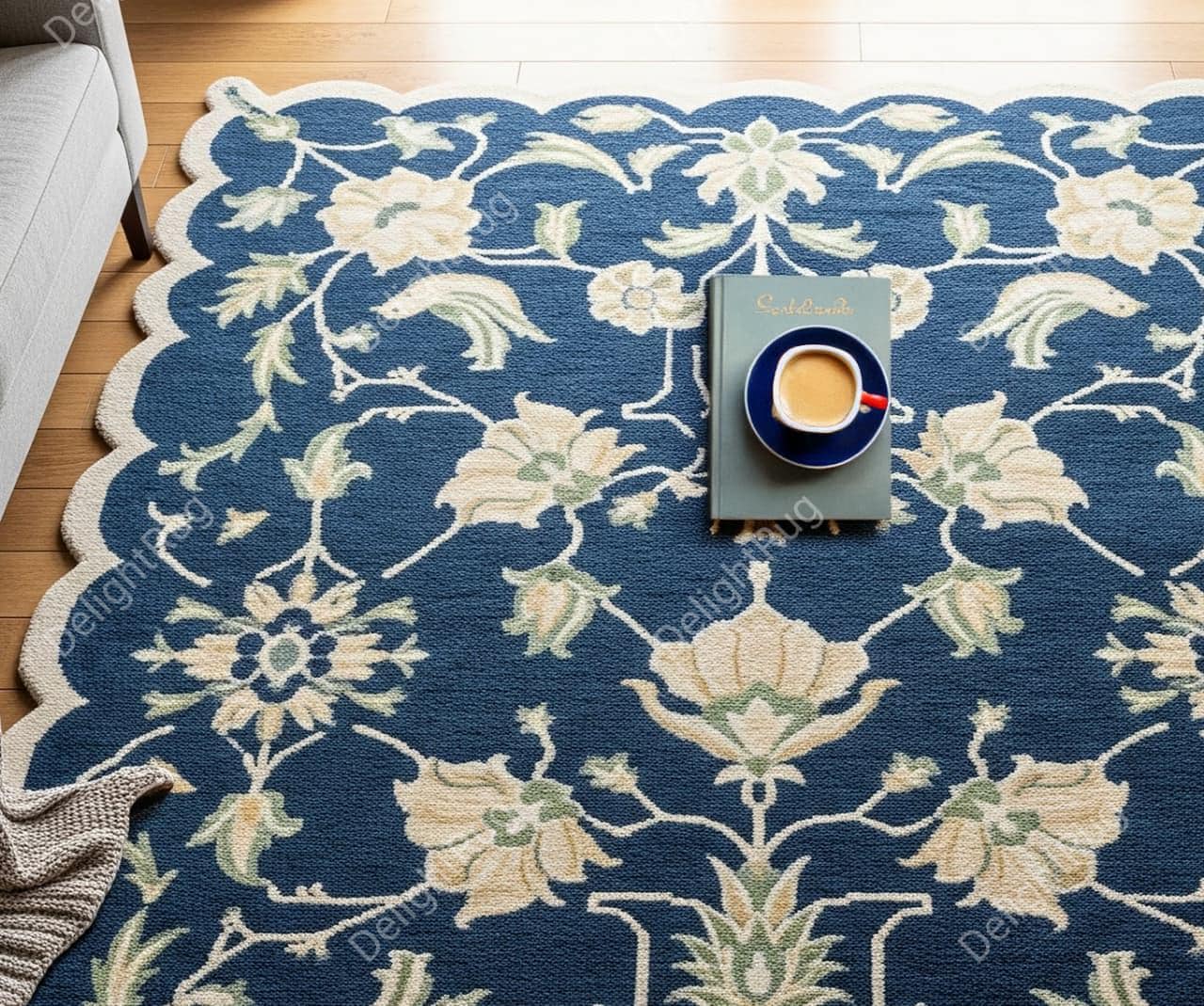 Navy Blue Floral Hand Tufted Wool Rug, Scalloped Modern Area Living ...