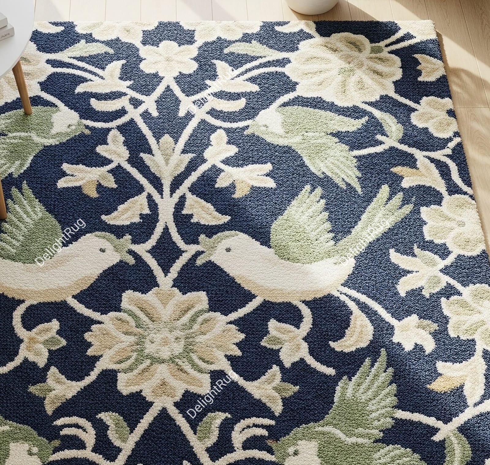 Dark Blue Floral Hand Tufted Wool Rug, Traditional Botanical Area ...