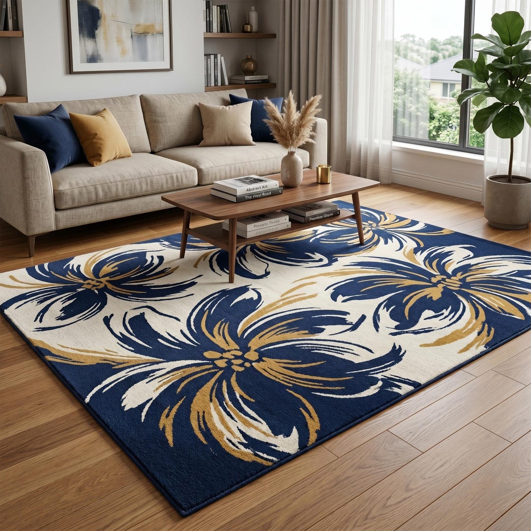 Navy Blue Floral Area Rug, Modern Tufted Botanical Wool Carpet for ...