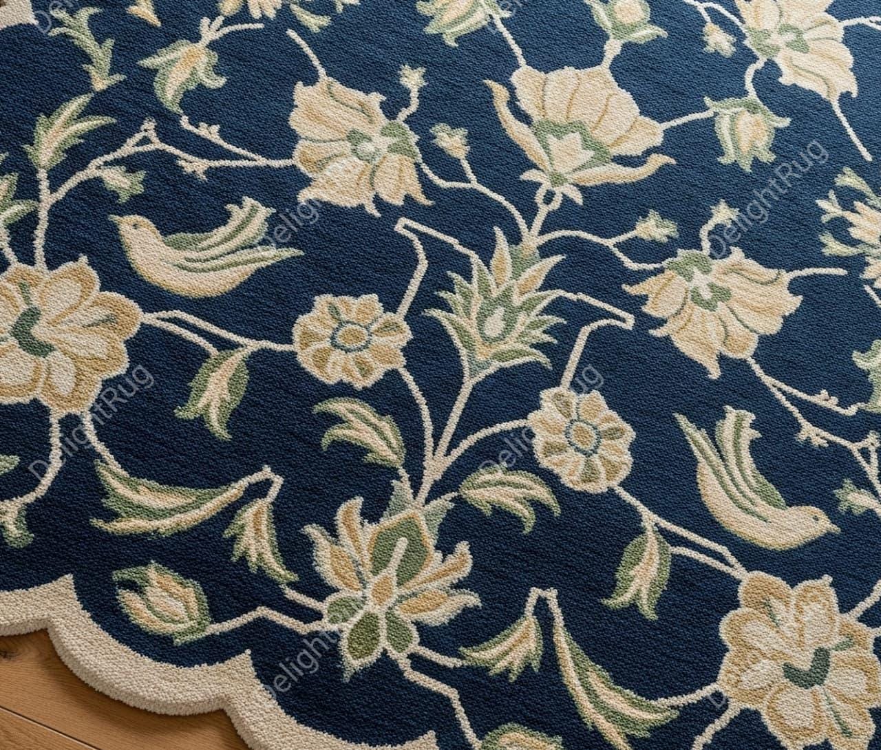 Navy Blue Floral Hand Tufted Wool Rug, Scalloped Modern Area Living ...