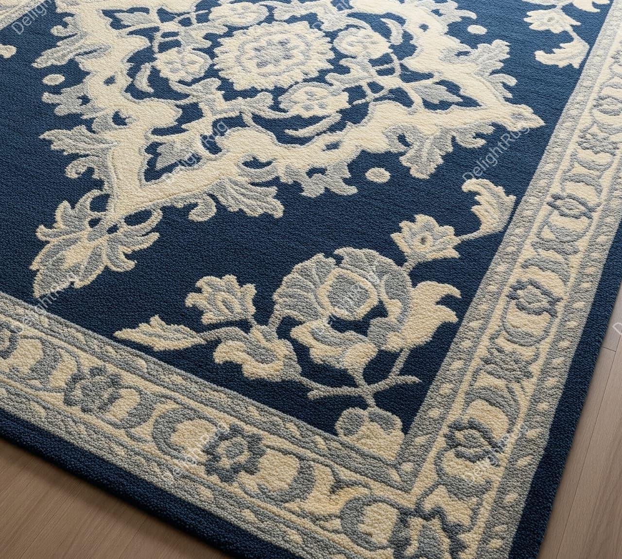 Navy Blue Ivory Floral Hand Tufted Rug, Traditional Wool Area Rugs for ...