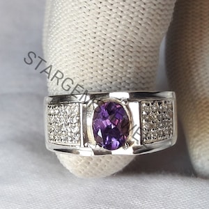 Natural Amethyst Ring, Men&#39;s Ring, 925 Sterling Silver Ring, , Wedding Ring, Men Signet Ring, Anniversary Ring, Gift For Him