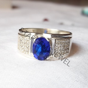 Lab Blue Sapphire Men Ring, 925 Sterling Silver, Handmade Wedding Jewelry, AAA Quality Ring, September Birthstone, Personalized Men Ring