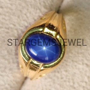 14K Yellow Gold And Blue Star Sapphire Men&#39;s Ring - Gent&#39;s Ring - Men&#39;s Jewelry - Blue Ring - Oval Lab-Created Star Sapphire - Brushed Gold