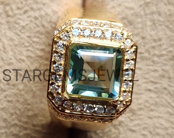 Aquamarine Gold Men's Ring, 14K Gold Ring, High Quality Cushion Aquamarine, Statement Ring, Anniversary Gift, Birthday Gift, Promise Ring.