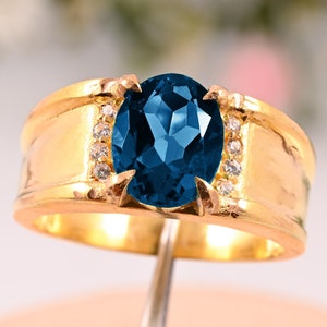 London Blue Topaz Men&#39;s Ring | Natural Oval Blue Gemstone | 925 Sterling Silver Handmade Ring | Unique Gift for Him | Statement Jewelry.