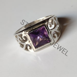 Natural Amethyst Ring, Men&#39;s Ring, 925 Sterling Silver Ring, Emerald Cut Ring, Wedding Ring, Men Signet Ring, Anniversary Ring, Gift For Him