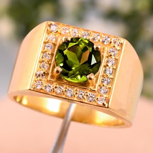 Natural Peridot Men&#39;s Ring | Green Round Gemstone Ring | 925 Sterling Silver Handmade Ring | Unique Gift for Him | August Birthstone Jewelry