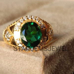 Lab Created Emerald Silver Mens Ring, 14k Yellow Gold  Ring, Wedding & Engagement Ring For Men, Mens Ring, Mens Jewellery