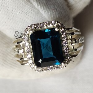 Natural Blue Topaz Ring, 925 Sterling Silver ring, Emerald Cut Ring, Anniversary Ring Two Tone Ring Wide Band Ring Light Blue Topaz Ring