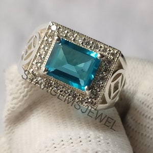 Genuine Swiss Blue Topaz Men&#39;s Ring, 925 Sterling Silver ,Natural Topaz men&#39;s ring, Statement Ring , December Birthstone Ring, Gift For Him