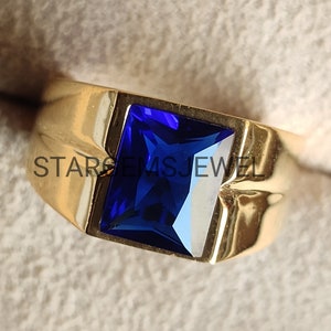 Lab Created Blue Sapphire Silver Mens Ring,  14k Yellow Gold Ring, Wedding & Engagement Ring For Men, Mens Ring, Mens Jewellery