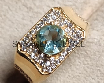 14k Gold Designer Men's Ring, Sky Blue Topaz Ring Gemstone Husband Unique Rose & Yellow Gold Ring, December Birthstone Ring, Gift For Him.