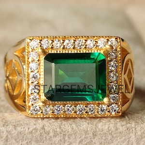 Lab Created Emerald Silver Mens Ring, 14k Yellow Gold  Ring, Wedding & Engagement Ring For Men, Mens Ring, Mens Jewellery