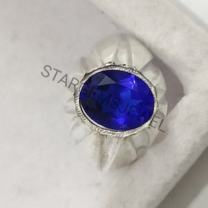 Blue Sapphire Men&#39;s Ring, Natural Blue Sapphire Gemstone Ring, 925 Sterling Silver Signet Gents Ring, Birthday Ring, Wedding Gift For Him