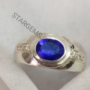 Lab Blue Sapphire Men&#39;s Ring, 925 Sterling Silver Gents Ring, September Birthstone, AAA Quality Gemstone, Personalized Jewelry Men&#39;s Gift