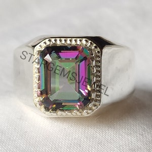 Rainbow Topaz Ring for Men- 925 Sterling Silver, Handmade Ring, Mystic Topaz Ring, Split Band, Engagement Gift for Her, Multi color Ring