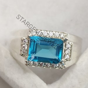 Blue Topaz Ring, 925 Sterling Silver Ring, Rectangle London Blue Topaz Gemstone Ring, Mens Ring, Gift Ring, Men Wedding Special Gift Ring,
