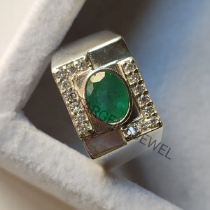 Mens Silver 925 Ring, Emerald Mens Ring, Gift for Him, Signet Emerald Ring, Sterling Silver 925 Mens Ring, Jewelry, Silver Men Rings