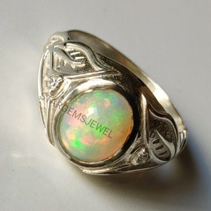 Natural Opal Men&#39;s Ring, Oval Shape Prong Setting Opal Ring, Designed Ring For Men&#39;s, 925 Silver Ring For Him, Ring For Husband
