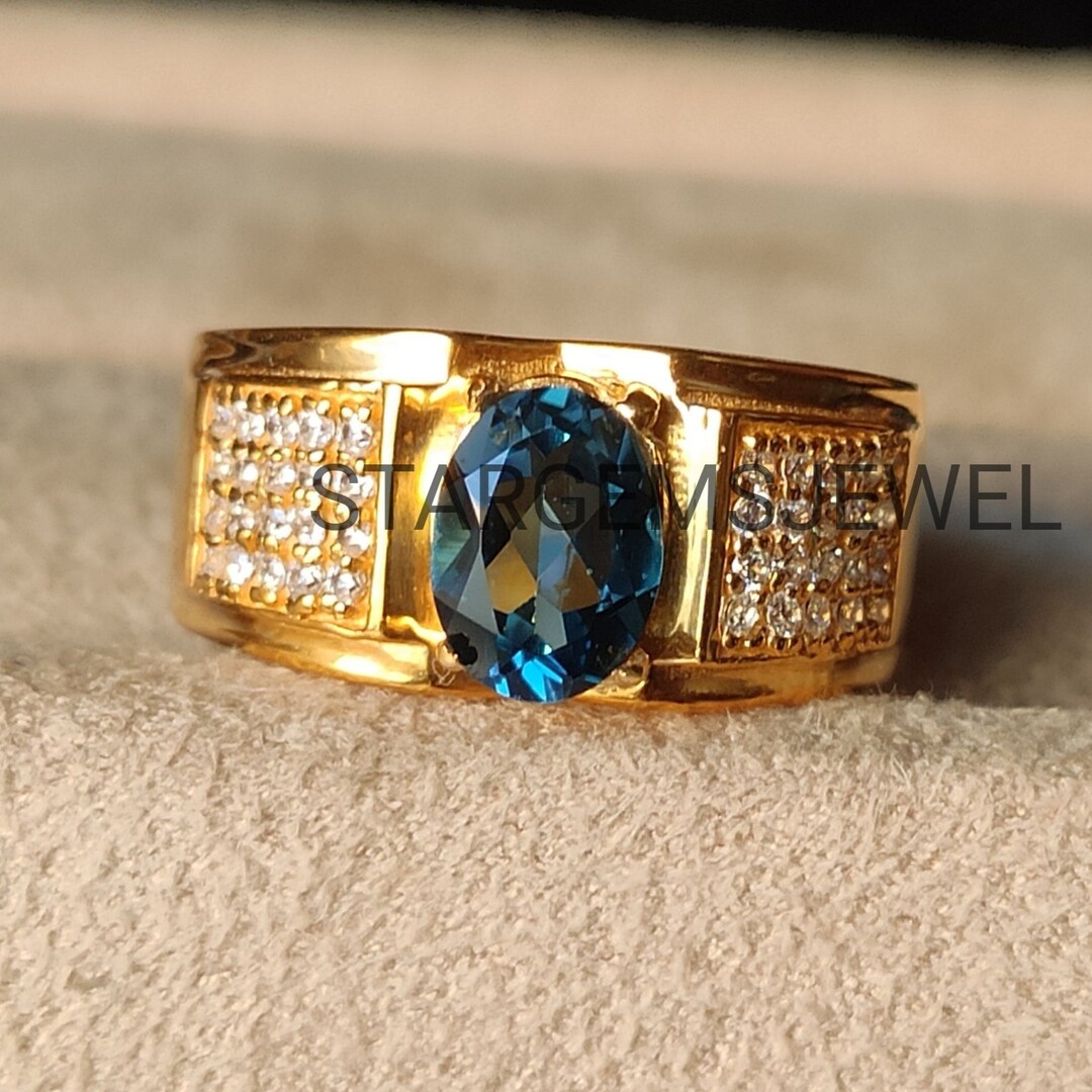 14k Gold Blue Topaz Ring: Art Deco Men's Band