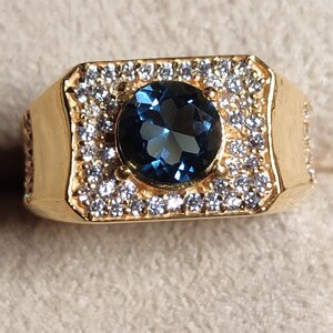 Natural Round Cut Blue Topaz Men&#39;s Ring | 925 Sterling Silver Handmade Ring | Rare December Birthstone | Birthday Gift for Him.