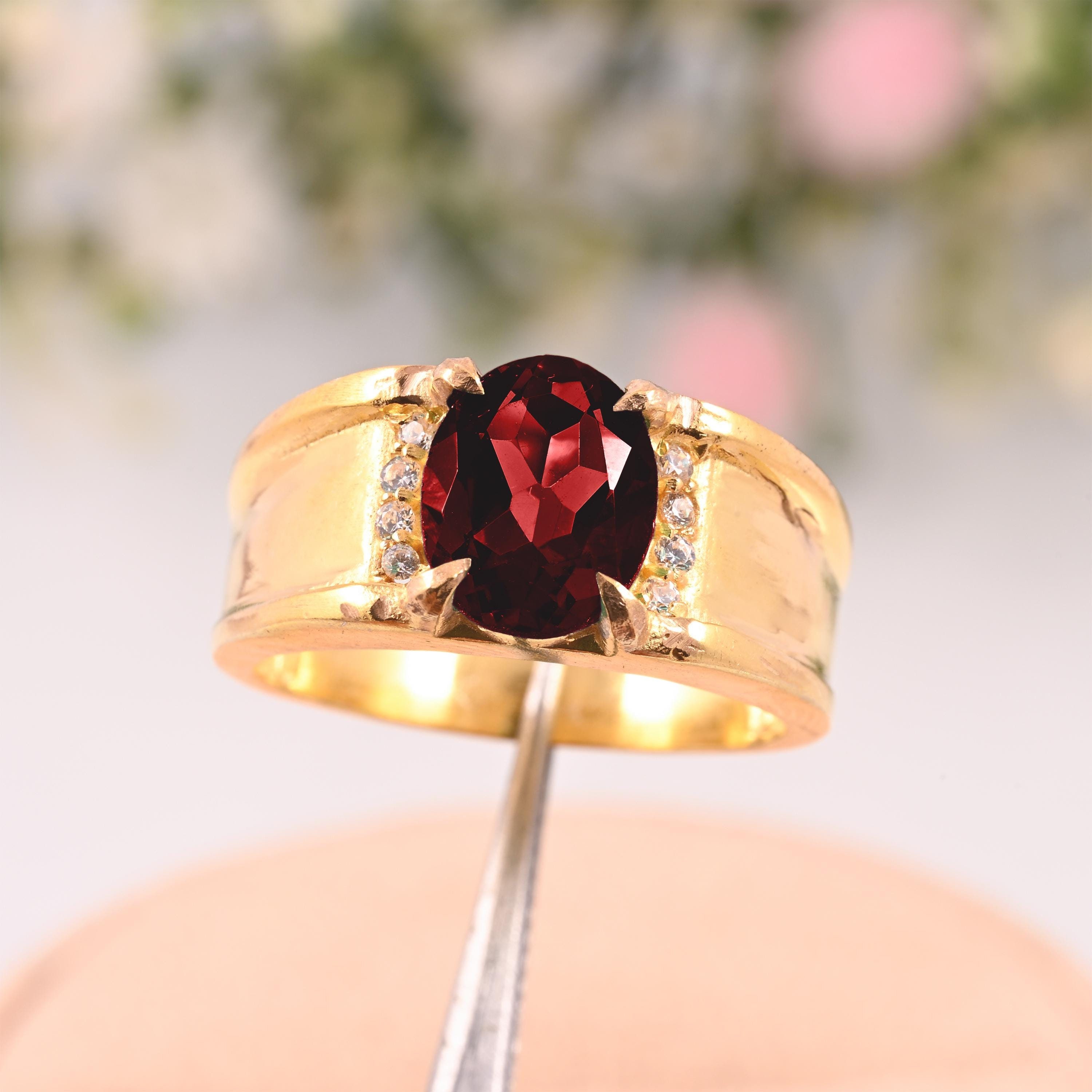 Oval Red Garnet Ring: Gold 925 Sterling Silver Art Deco Ring