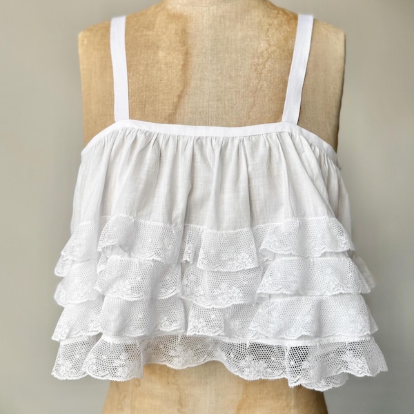 1920s Style Frilly Bralette Top | White Cotton Lace Bra Cami Camisole | Hand Tailored Antique & Vintage Materials | Lingerie Summer Clothing