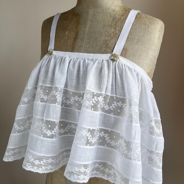 1920s Inspired Hand Tailored Top Camisole | White Ribbon Work Floral Lace | Hand Tailored Antique & Vintage Materials | XS-S