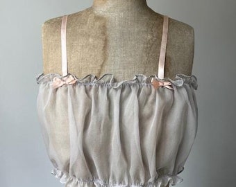 1920s Inspired Hand Tailored Bralette | Bra Top | Floral Silk Chiffon Bows Pale Grey & Pink | Lingerie Nightwear Underwear | XS-M