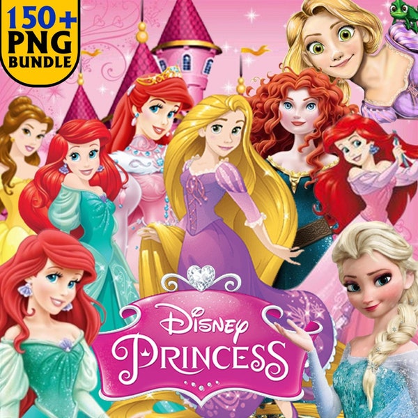 Prinses Clipart PNG bundel +150 Instant Digitale Download Assepoester Tiana Raya Belle Frozen Tangled Mermaid Printable